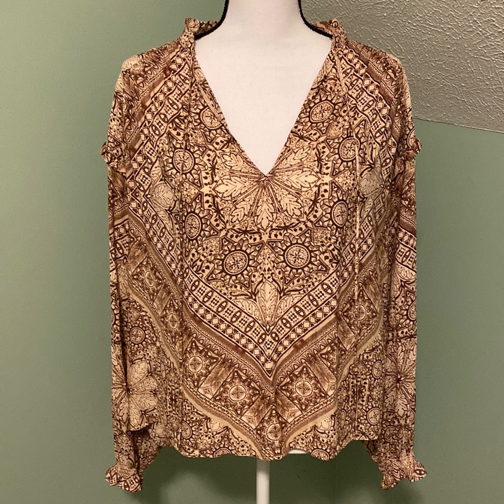 Free People Printed Ruffle Tie V-Neck Blouse